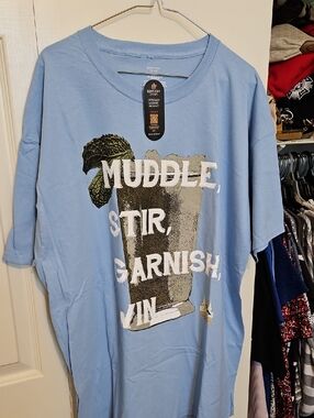 Blue Graphic Crewneck T-Shirt with Cocktail Print